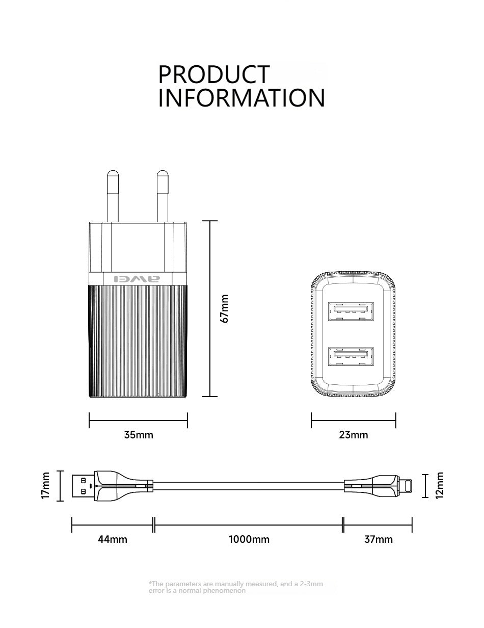 AWEI C15L Dual USB Charging Head, Lightning Cable Set 1m