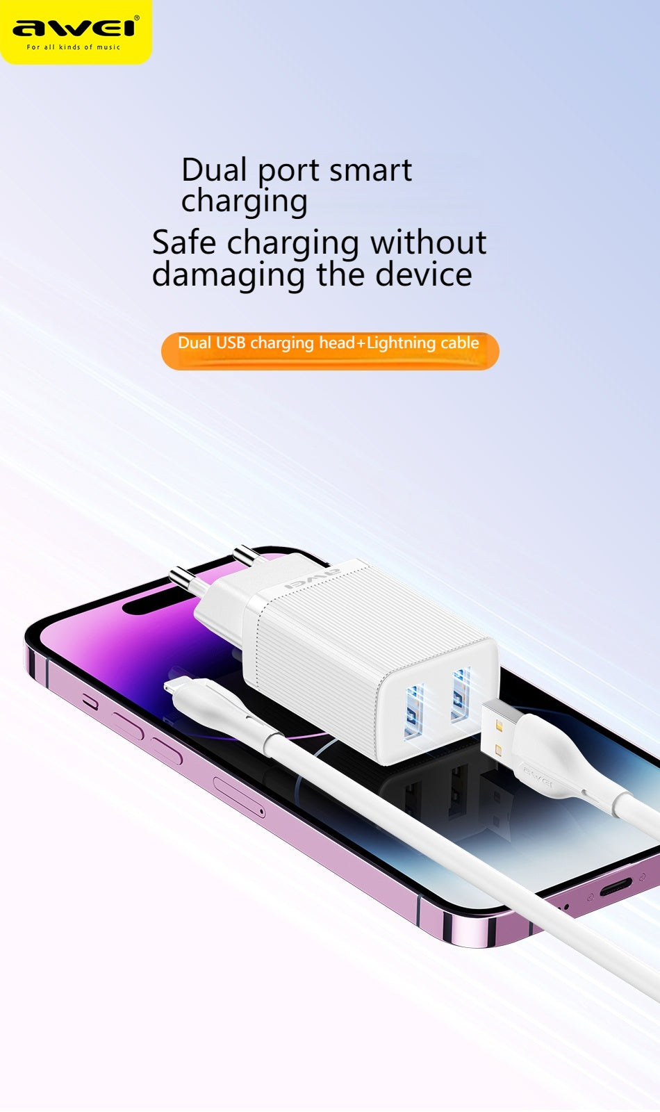 AWEI C15L Dual USB Charging Head, Lightning Cable Set 1m