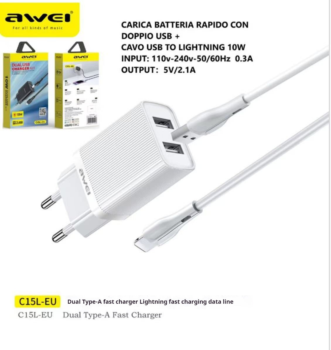 AWEI C15L Dual USB Charging Head, Lightning Cable Set 1m