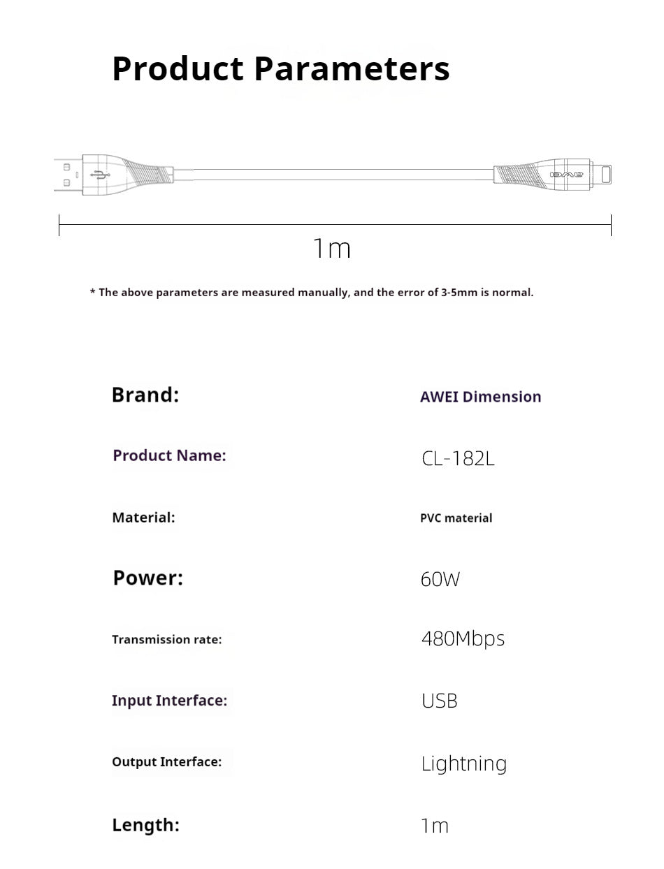 AWEI USB-A To LIGHTNING Fast Charging Cable 1m