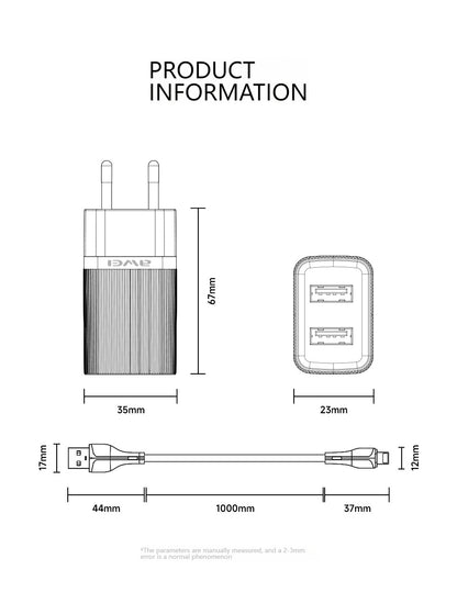 AWEI C15L Dual USB Charging Head, Lightning Cable Set 1m