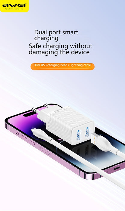 AWEI C15L Dual USB Charging Head, Lightning Cable Set 1m