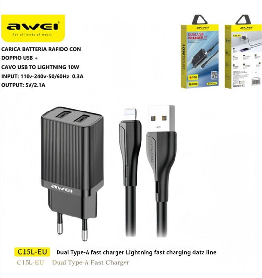 AWEI C15L Dual USB Charging Head, Lightning Cable Set 1m