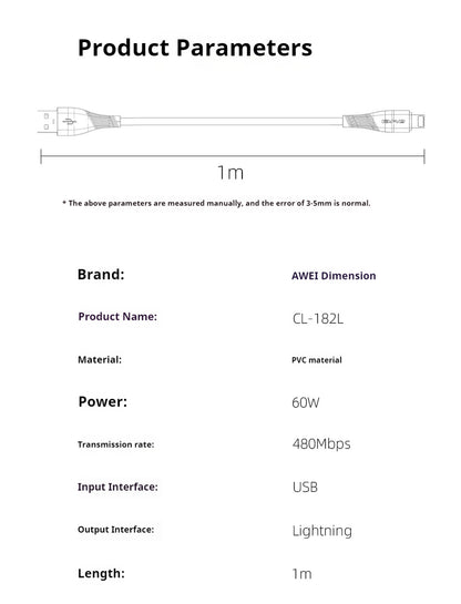 AWEI USB-A To LIGHTNING Fast Charging Cable 1m
