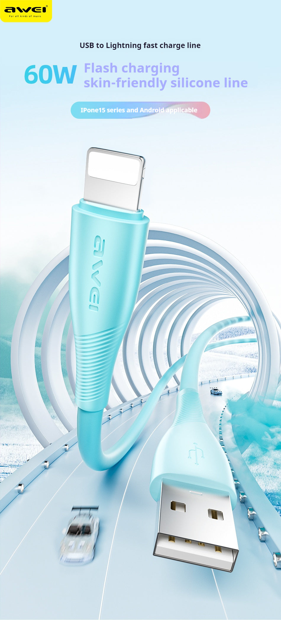 AWEI USB-A To LIGHTNING Fast Charging Cable 1m